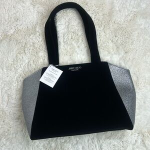 NWT Jimmy Choo Black Velvet and Sparkling Silver Glitter Accents Tote Bag